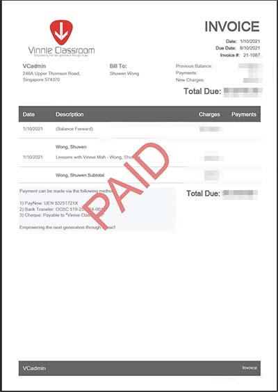 Music school invoice