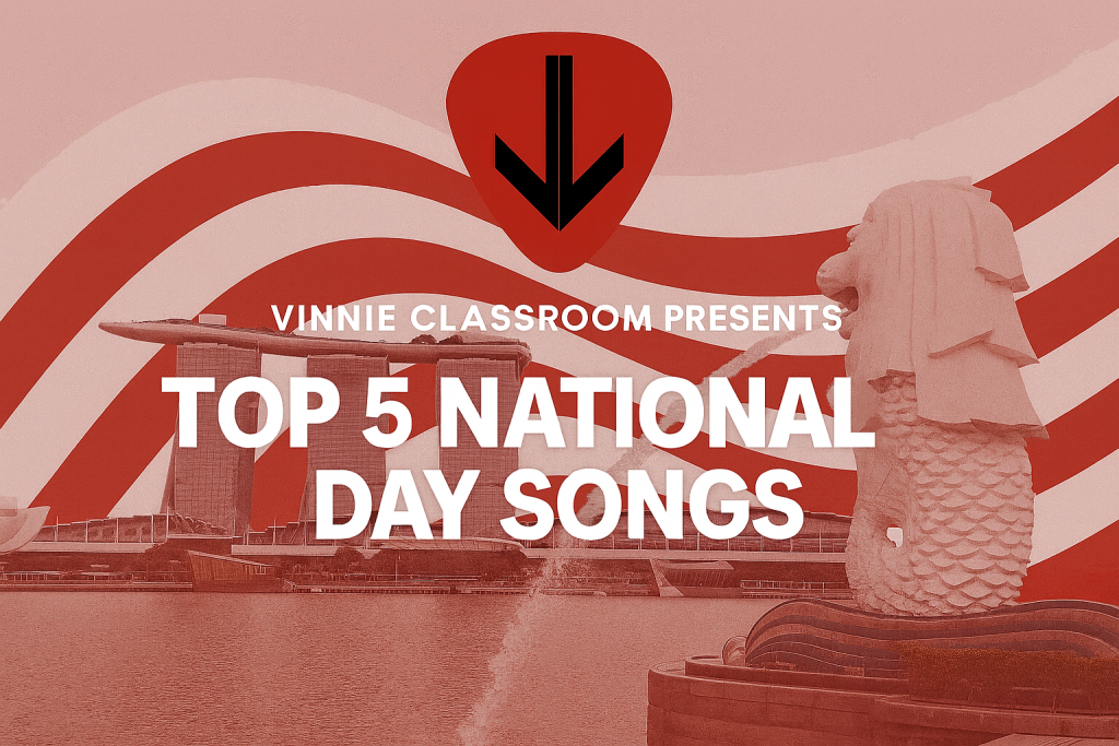Poster for Vinnie Classroom's "Top 5 National Day Songs" featuring a red guitar pick logo, bold white title text, and a background of Marina Bay Sands, the Merlion, and red-and-white wave patterns symbolizing the Singapore flag.